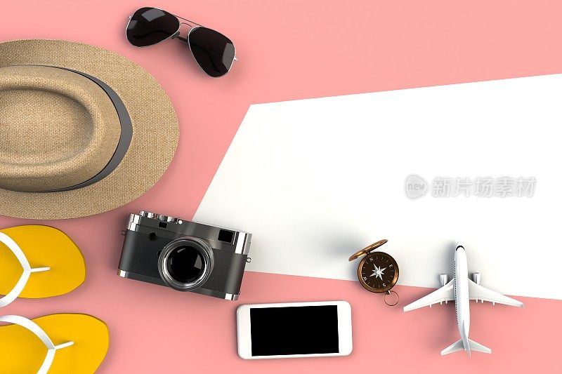 Top view of Traveler’s accessories on red table background, Essential vacation items, Travel concept, 3D渲染